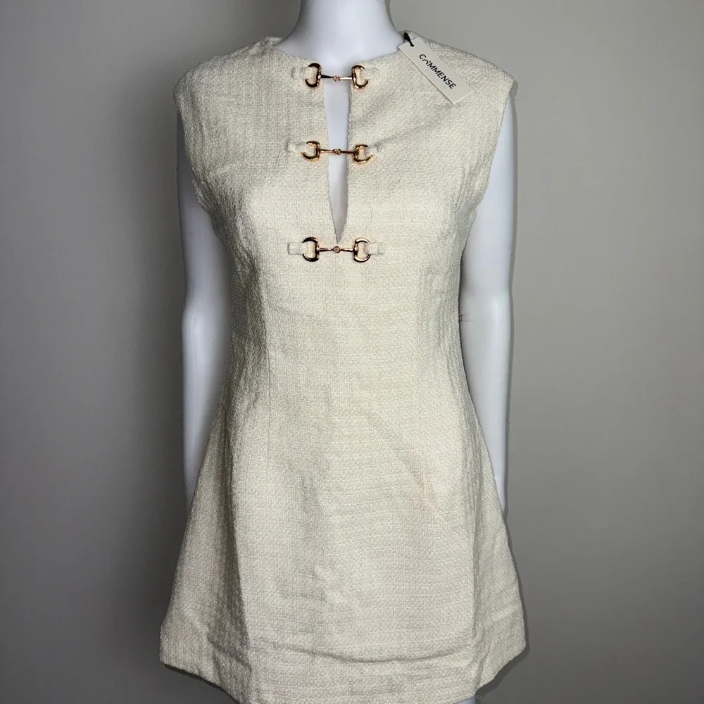 Commense Tweed Mini Dress Sleeveless Gold Buckle Detail Ivory Party Cocktail M‎ - Picture 8 of 17